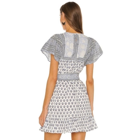 Cleobella Leah Mini Dress Blue White Hydrangea Floral Flutter Sleeve Belt Size M - Picture 3 of 15